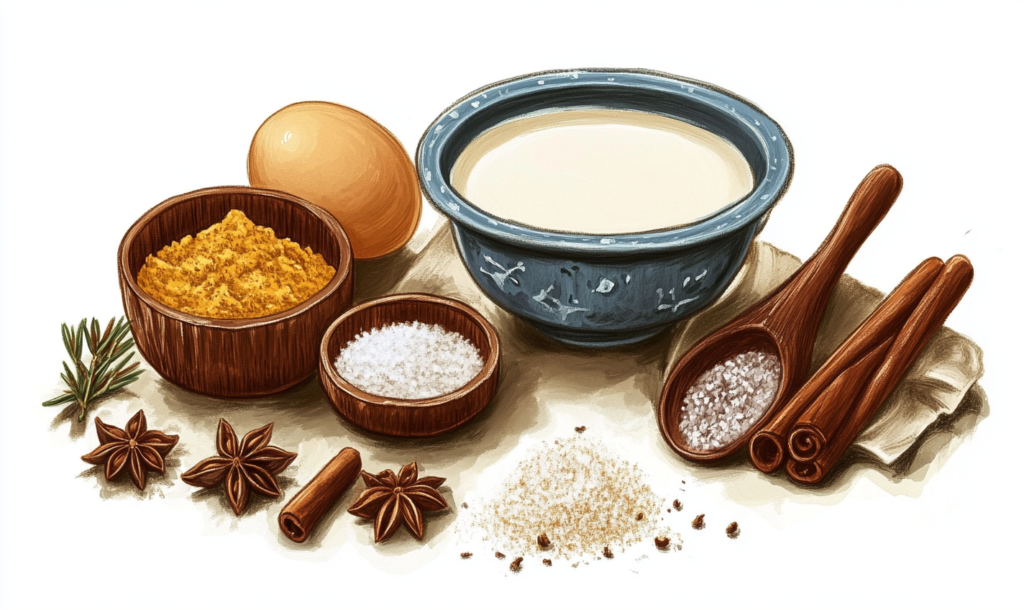 An illustration of common baking spices and ingredients, including a blue bowl of milk, an egg, wooden bowls of ground spices, cinnamon sticks, and star anise, arranged on a white background.