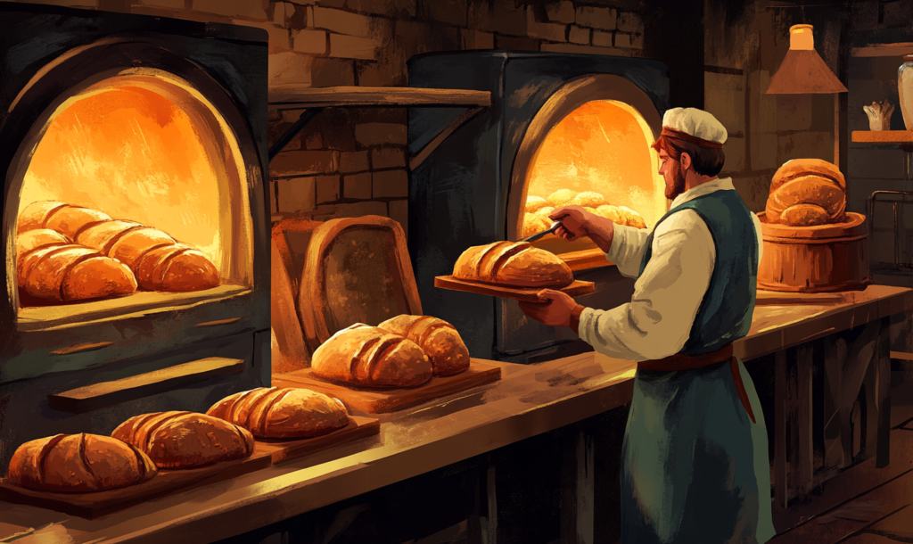 A rustic bakery scene featuring a baker in traditional attire, pulling freshly baked loaves of bread from large, glowing stone ovens.