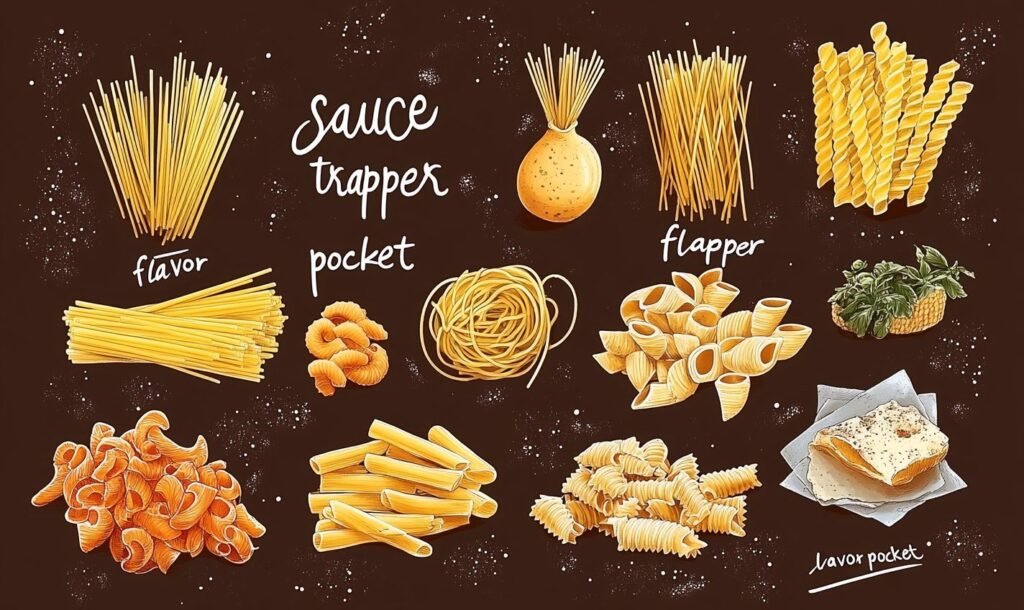 A digital illustration of various pasta types categorized as "flavor," "pocket," and "flapper," set against a dark background. The image artistically highlights different pasta shapes, including spaghetti, fusilli, penne, and lasagna, with decorative flour specks.