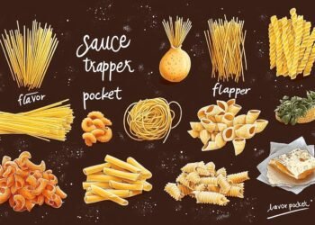 A digital illustration of various pasta types categorized as "flavor," "pocket," and "flapper," set against a dark background. The image artistically highlights different pasta shapes, including spaghetti, fusilli, penne, and lasagna, with decorative flour specks.