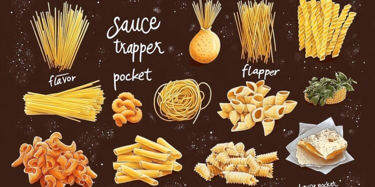 A digital illustration of various pasta types categorized as "flavor," "pocket," and "flapper," set against a dark background. The image artistically highlights different pasta shapes, including spaghetti, fusilli, penne, and lasagna, with decorative flour specks.