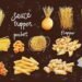 A digital illustration of various pasta types categorized as "flavor," "pocket," and "flapper," set against a dark background. The image artistically highlights different pasta shapes, including spaghetti, fusilli, penne, and lasagna, with decorative flour specks.