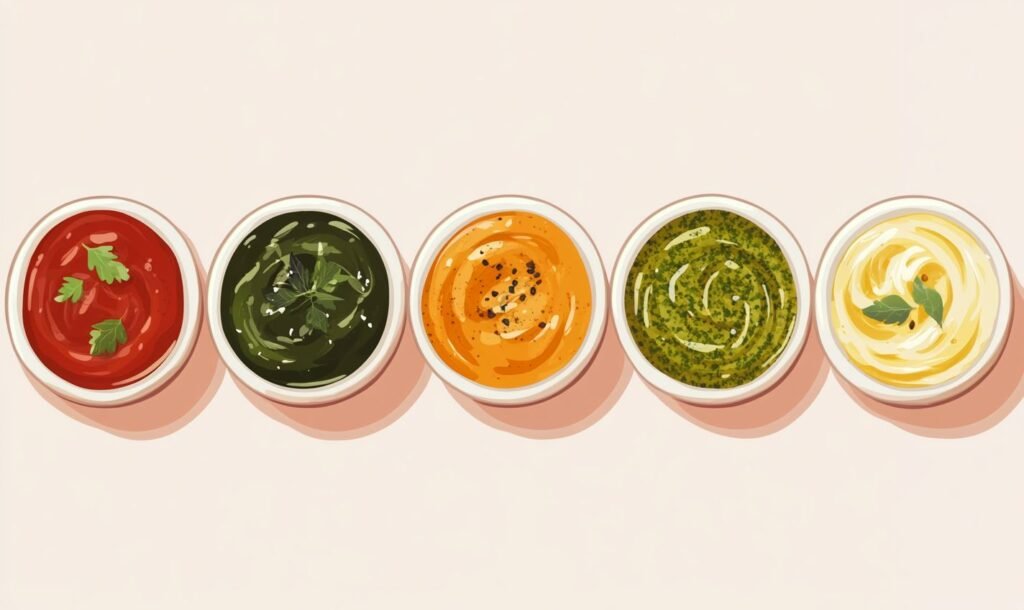 A top-down view of five small bowls filled with different pasta sauces, arranged in a row. The sauces include red marinara, dark green pesto, creamy orange, bright green herb sauce, and smooth yellow Alfredo, each garnished with fresh herbs or seasoning.