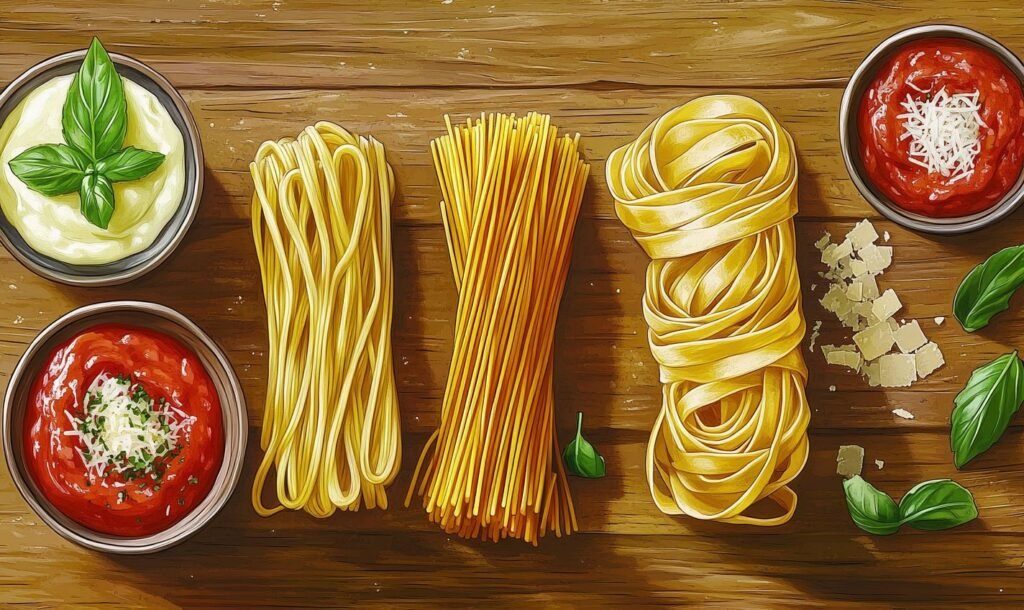 A rustic wooden table displaying three types of raw pasta—linguine, spaghetti, and fettuccine—neatly arranged in bundles. Surrounding them are bowls of classic pasta sauces: Alfredo, marinara, and tomato-based sauce with grated Parmesan, alongside fresh basil leaves and Parmesan shavings.
