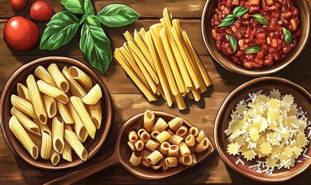 An artistic illustration of various raw pasta shapes, including penne, rigatoni, and farfalle, arranged on a rustic wooden surface with fresh basil leaves, ripe tomatoes, and bowls of rich tomato-based sauce with grated cheese.