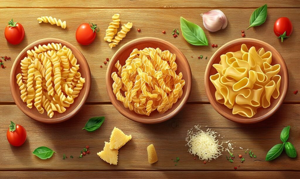 A beautifully illustrated top-down view of three pasta varieties—fusilli, cavatappi, and orecchiette—arranged in wooden bowls on a rustic wooden table, surrounded by fresh ingredients like cherry tomatoes, basil leaves, garlic, and grated Parmesan cheese.
