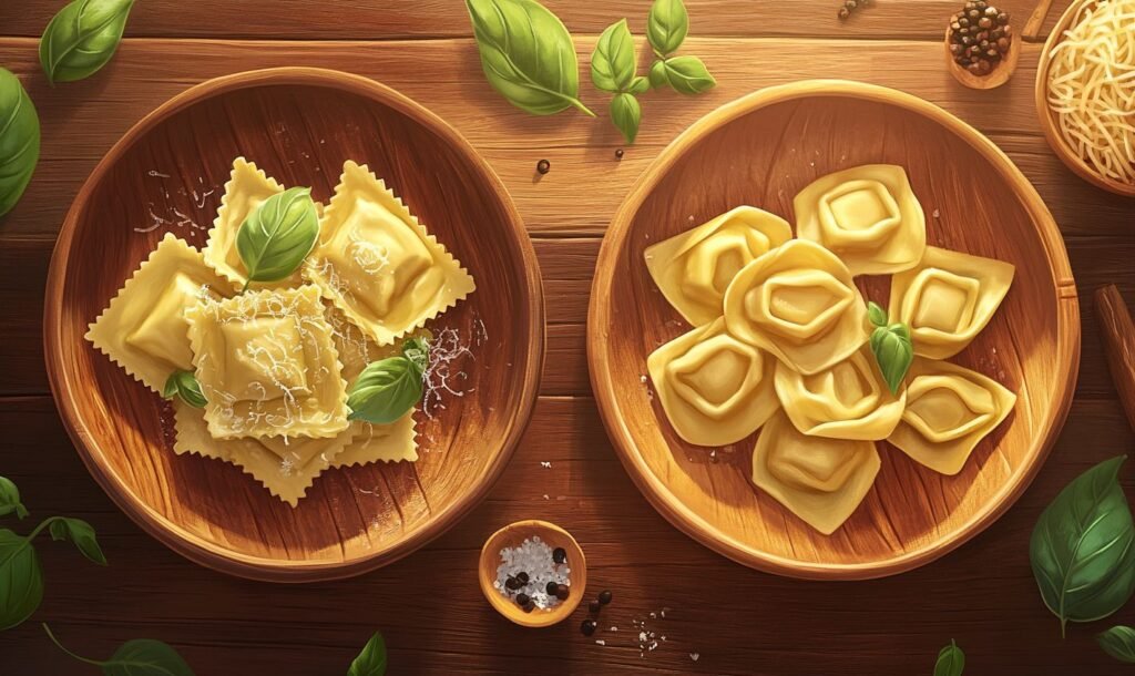 A beautifully styled top-down view of two wooden plates, one filled with square-shaped ravioli topped with grated cheese and basil, and the other showcasing ring-shaped tortellini, placed on a rustic wooden table with fresh basil, peppercorns, and parmesan.