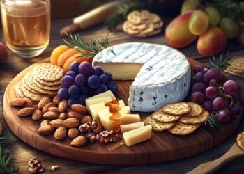 A beautifully arranged cheese platter featuring a variety of cheeses, including brie, blue cheese, and Swiss, accompanied by crackers, grapes, nuts, dried fruits, and honey, elegantly displayed on a wooden board.