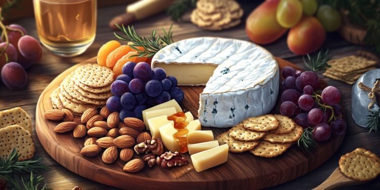 A beautifully arranged cheese platter featuring a variety of cheeses, including brie, blue cheese, and Swiss, accompanied by crackers, grapes, nuts, dried fruits, and honey, elegantly displayed on a wooden board.