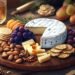 A beautifully arranged cheese platter featuring a variety of cheeses, including brie, blue cheese, and Swiss, accompanied by crackers, grapes, nuts, dried fruits, and honey, elegantly displayed on a wooden board.