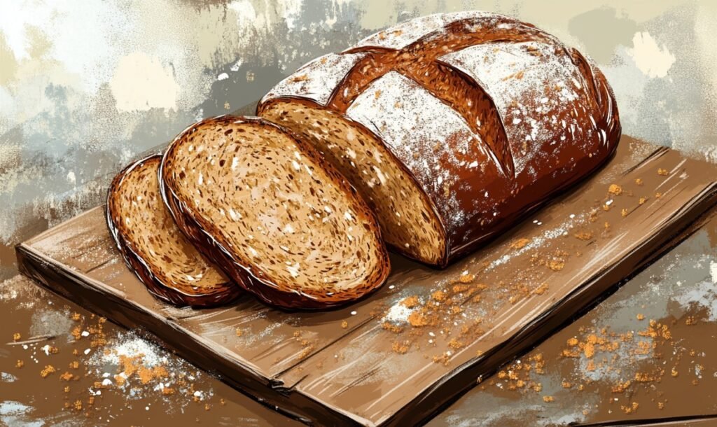 A rustic, artisan bread loaf with a golden-brown crust, partially sliced on a wooden board, surrounded by crumbs.