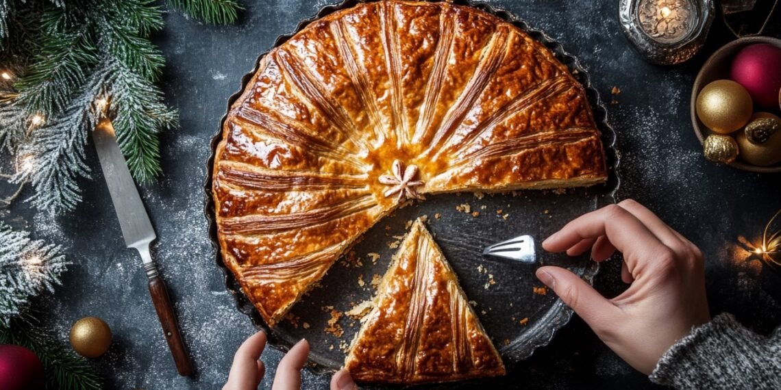 A golden, round puff pastry with decorative scoring on top, being sliced into a wedge. Festive holiday ornaments, greenery, and soft lighting surround the scene, creating a cozy winter ambiance.
