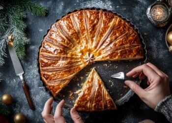 A golden, round puff pastry with decorative scoring on top, being sliced into a wedge. Festive holiday ornaments, greenery, and soft lighting surround the scene, creating a cozy winter ambiance.