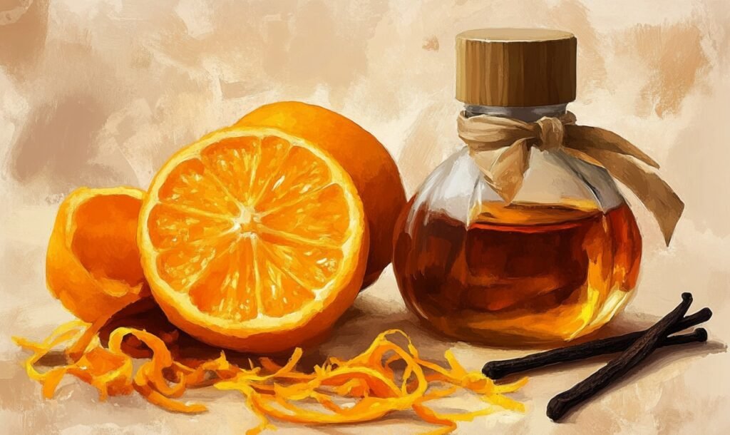 painterly illustration of a fresh orange sliced in half, its zest curling around a small glass bottle filled with a warm amber liquid, accompanied by vanilla beans.