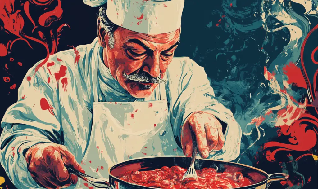 A bold and expressive digital illustration of a seasoned chef in a white uniform, passionately stirring a pot of rich red sauce. The background is filled with swirling abstract patterns in deep blue and red, adding energy and movement to the scene.