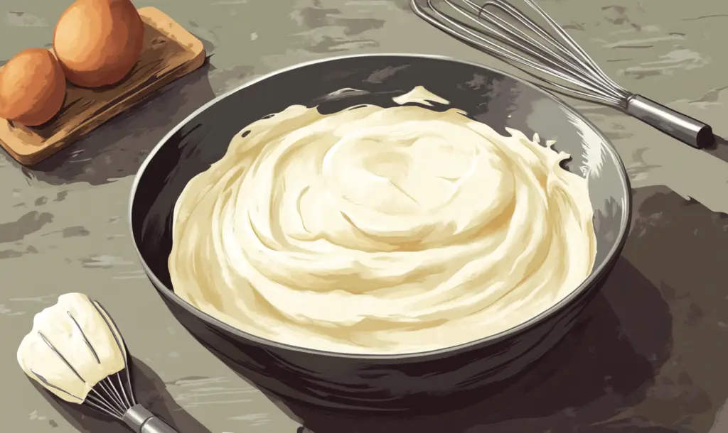 A digital illustration of a bowl filled with smooth, creamy sauce, surrounded by kitchen tools like a whisk and fresh eggs on a wooden board, set on a rustic countertop.