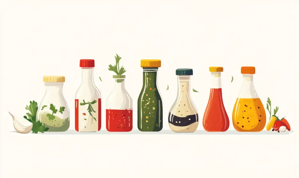 A colorful digital illustration of various condiment bottles, each containing different types of dressings, oils, and sauces. The bottles are arranged in a row with vibrant ingredients like garlic, parsley, and chili peppers scattered around them