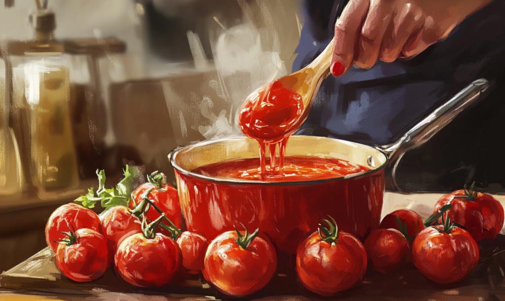 A warm, painterly illustration of a chef stirring a rich tomato sauce in a red saucepan, surrounded by fresh tomatoes on a wooden countertop. Steam rises as the sauce drips from a wooden spoon.