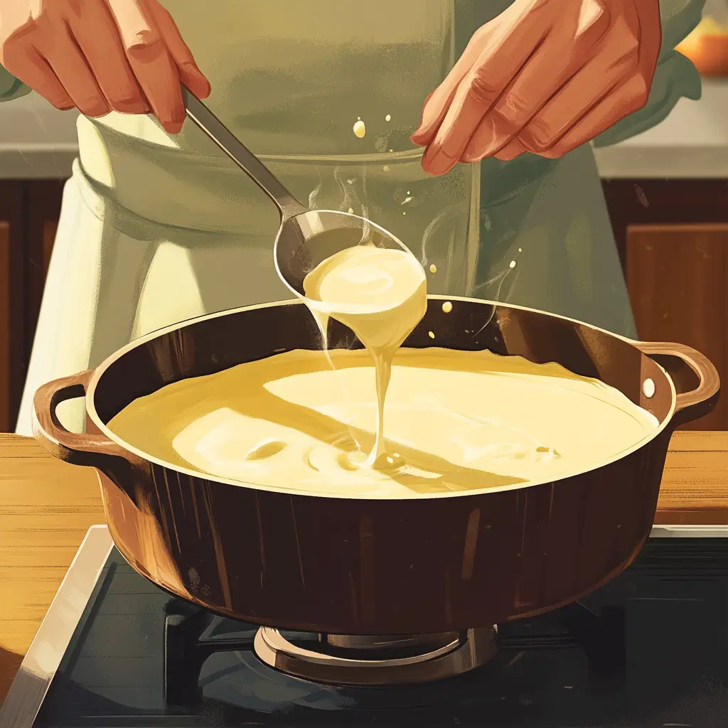 A detailed illustration of a chef stirring velouté sauce in a pot on a stovetop, carefully ladling the smooth mixture to check its consistency.
