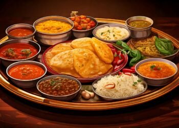 A beautifully arranged Maharashtrian thali with a variety of traditional dishes, including puris, curries, vegetables, rice, and chutneys, served on a golden plate with vibrant garnishes.