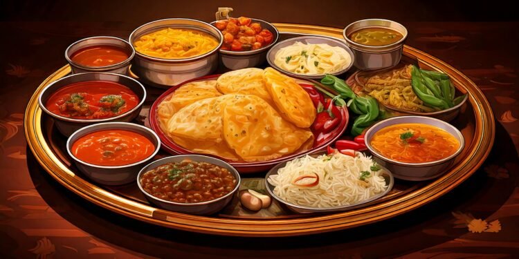 A beautifully arranged Maharashtrian thali with a variety of traditional dishes, including puris, curries, vegetables, rice, and chutneys, served on a golden plate with vibrant garnishes.