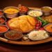 A beautifully arranged Maharashtrian thali with a variety of traditional dishes, including puris, curries, vegetables, rice, and chutneys, served on a golden plate with vibrant garnishes.