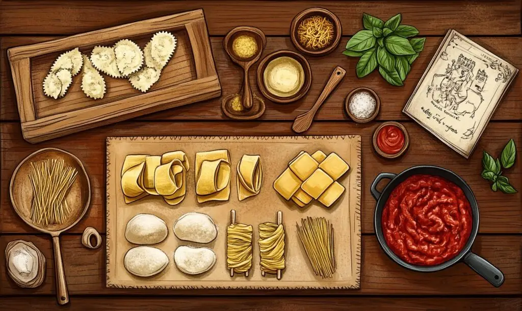 A top-down illustrated view of a rustic Italian kitchen counter featuring various pasta shapes, fresh ingredients, and a pot of rich tomato sauce. The scene includes wooden bowls with seasonings, fresh basil, an old Italian recipe book, and handcrafted pasta arranged on a parchment-lined board.