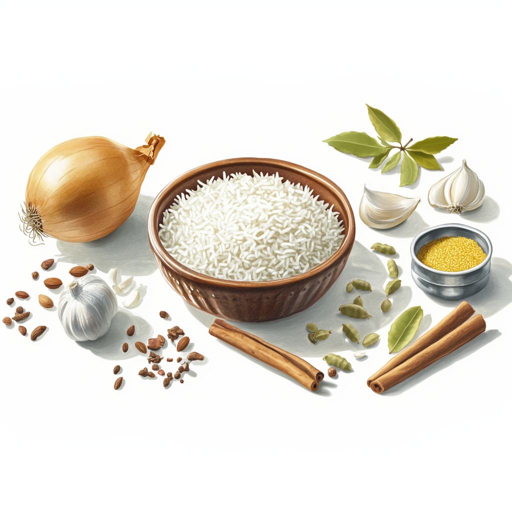 A bowl of basmati rice surrounded by onions, garlic, cinnamon sticks, bay leaves, cardamom pods, and various spices.