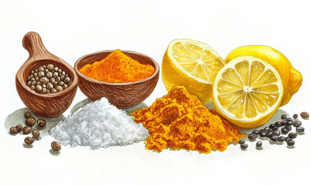 A watercolor-style illustration of lemon halves, salt, peppercorns, and vibrant yellow spices in small wooden bowls, arranged on a white background.