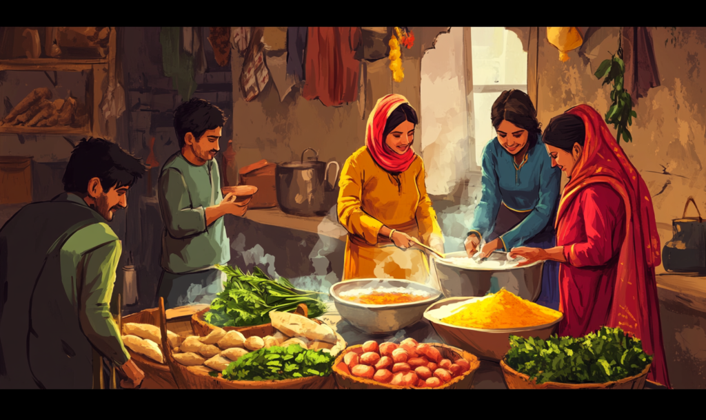 A warm, bustling kitchen scene where women in colorful traditional attire and men gather around large bowls, preparing dough and cooking with fresh vegetables and spices.