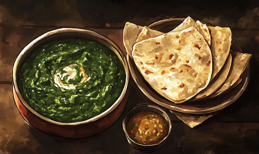 A bowl of creamy green spinach curry garnished with a swirl of butter, served alongside a stack of warm flatbreads and a small bowl of chutney on a rustic table.