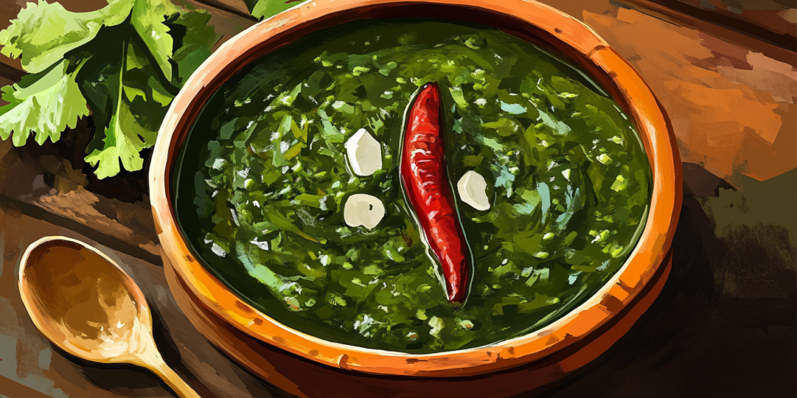 A vivid, green sauce or curry in a terracotta bowl, garnished with a whole red chili and slices of garlic, with fresh cilantro leaves nearby.