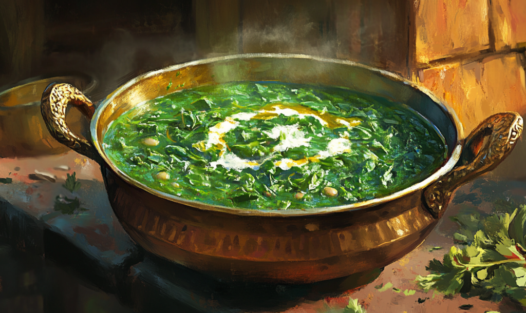 A vibrant green spinach-based curry or stew served in a decorative brass pot, with steam rising and a swirl of cream on top.
