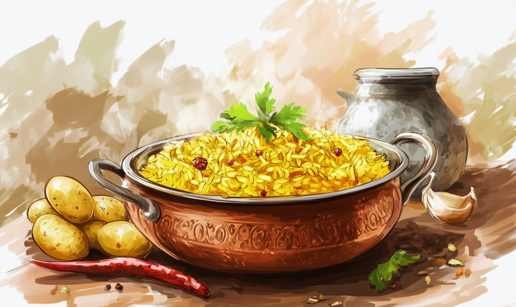 A watercolor-style illustration of bright yellow rice garnished with spices and herbs, served in an ornate copper pot beside potatoes, a chili pepper, and a clay jug.
