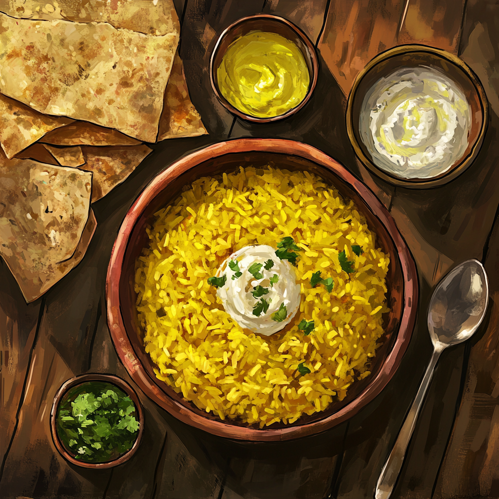bowl of flavorful yellow rice garnished with fresh coriander leaves and slices of onion, accompanied by a side of papad and a bowl of yogurt.