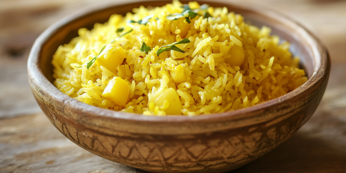 A rustic wooden bowl filled with golden spiced rice and potato cubes, garnished with fresh herbs.