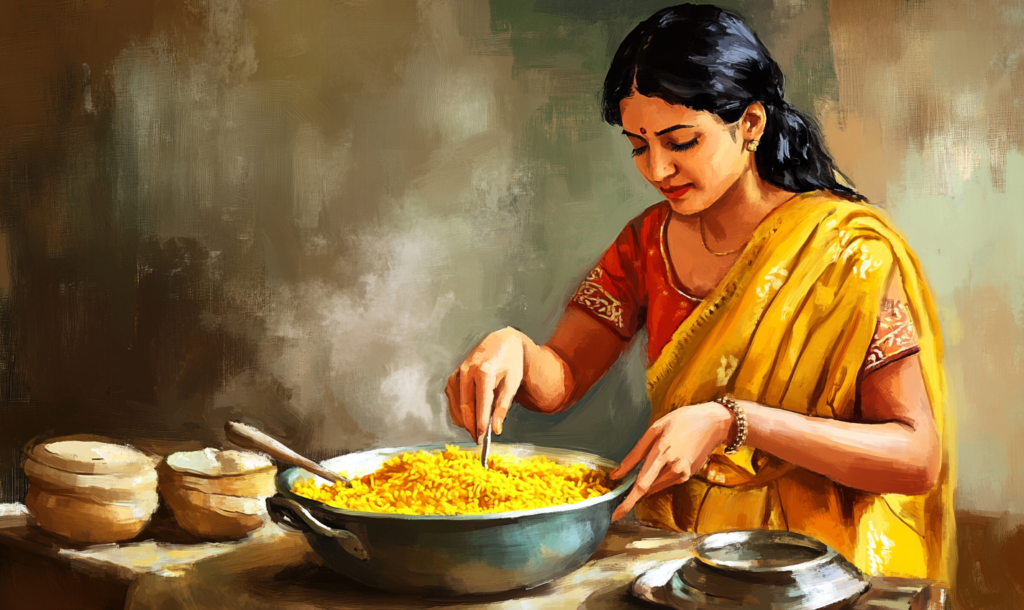 A woman wearing a bright yellow saree stands over a steaming pot of golden rice, gently stirring with a spoon in a softly lit, painterly setting.