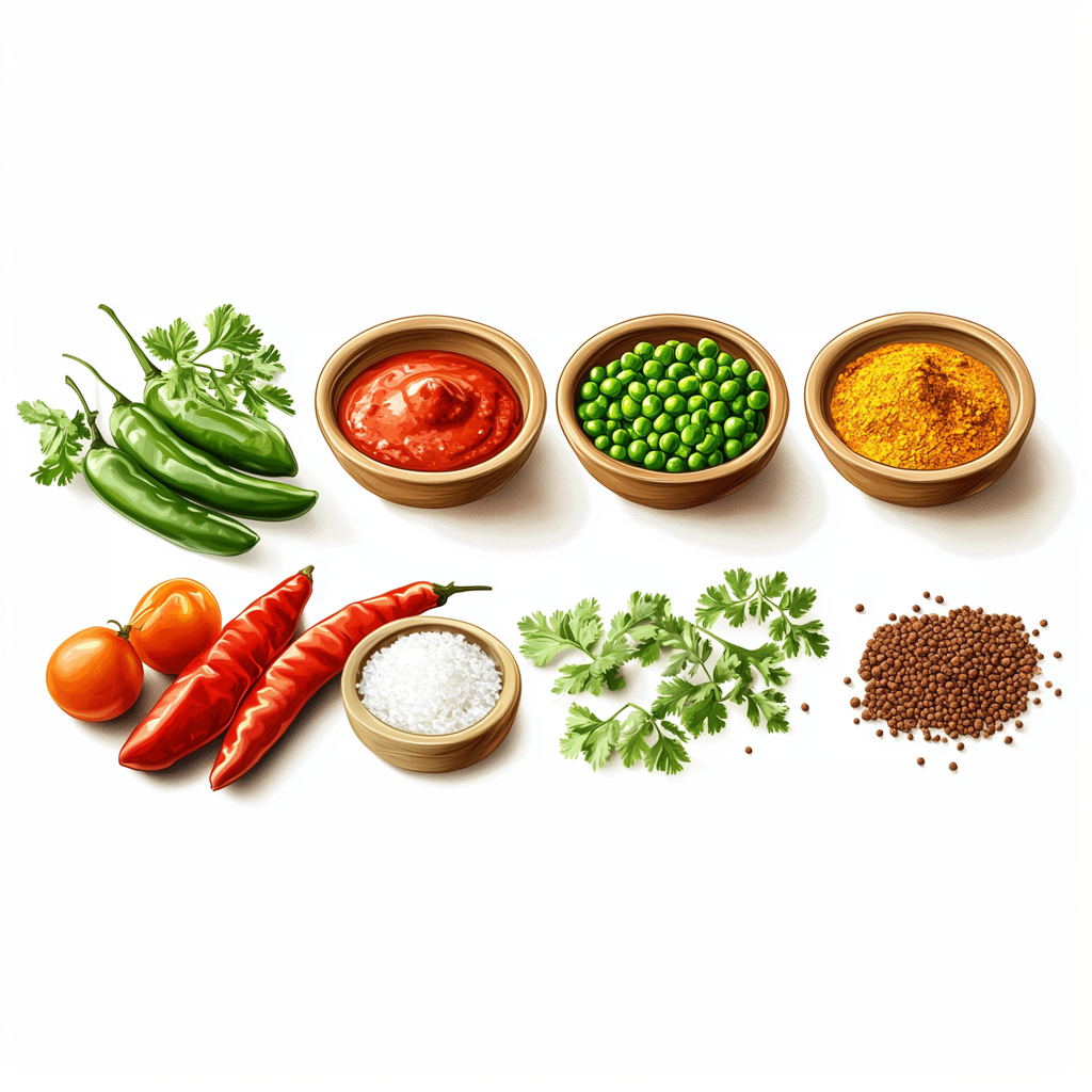 A collection of fresh ingredients including green chillies, tomatoes, red chillies, coriander leaves, mustard seeds, salt, turmeric powder, green peas, and tomato paste arranged in wooden bowls and loose on a white background.